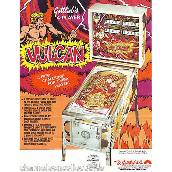 Vulcan Pinball FLYER Original Game Art Sheet Fantasy Fire God 1977 Retro Vintage - Picture 1 of 1